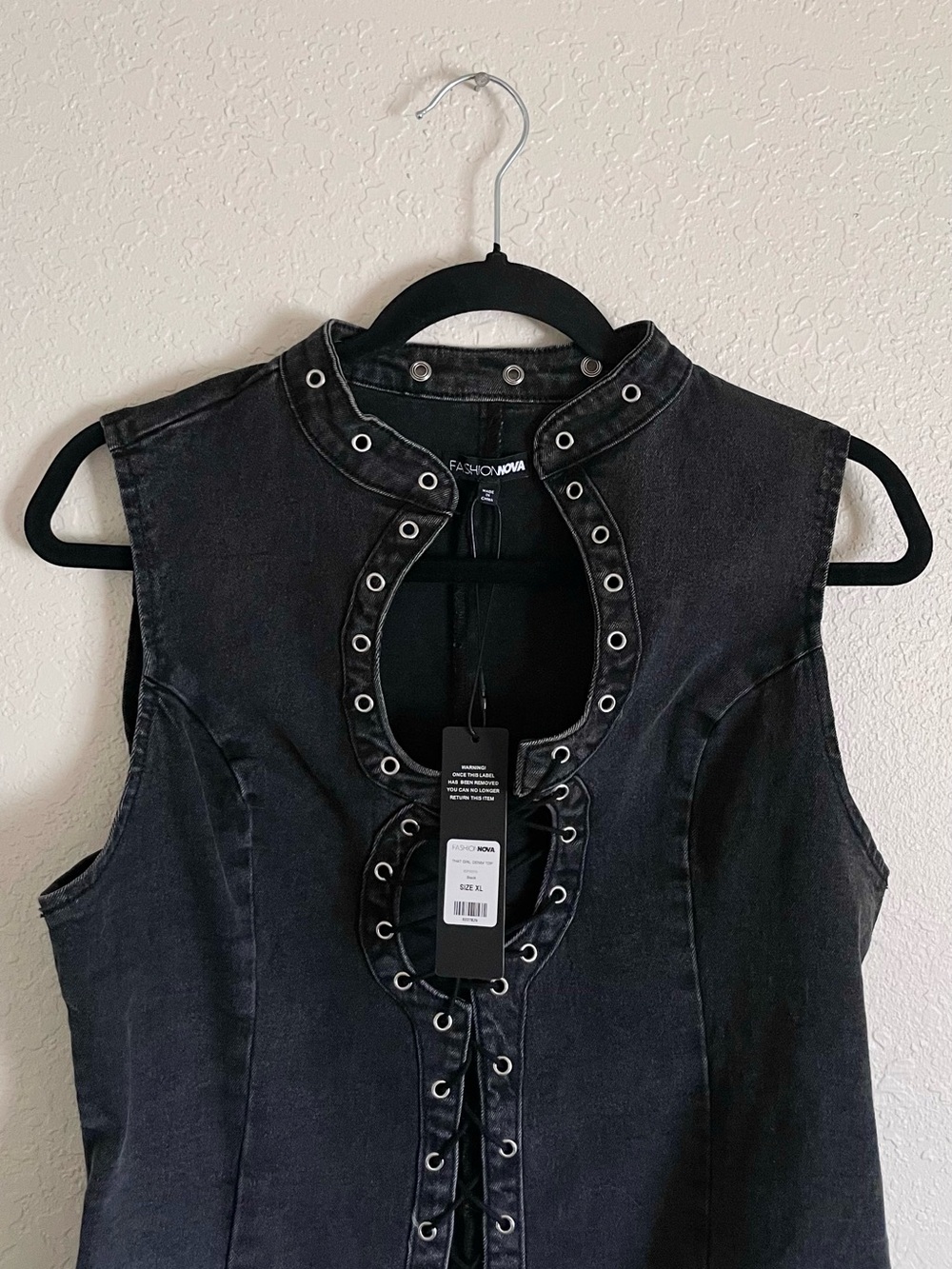 Fashion Nova Black That Girl Lace Up Denim Top - Picture 4 of 8
